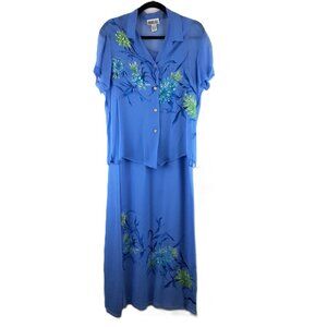 Robbie Bee 100%Silk 2-Piece Long Dress Sz 12 Floral Blue Vintage Pullover Sequin